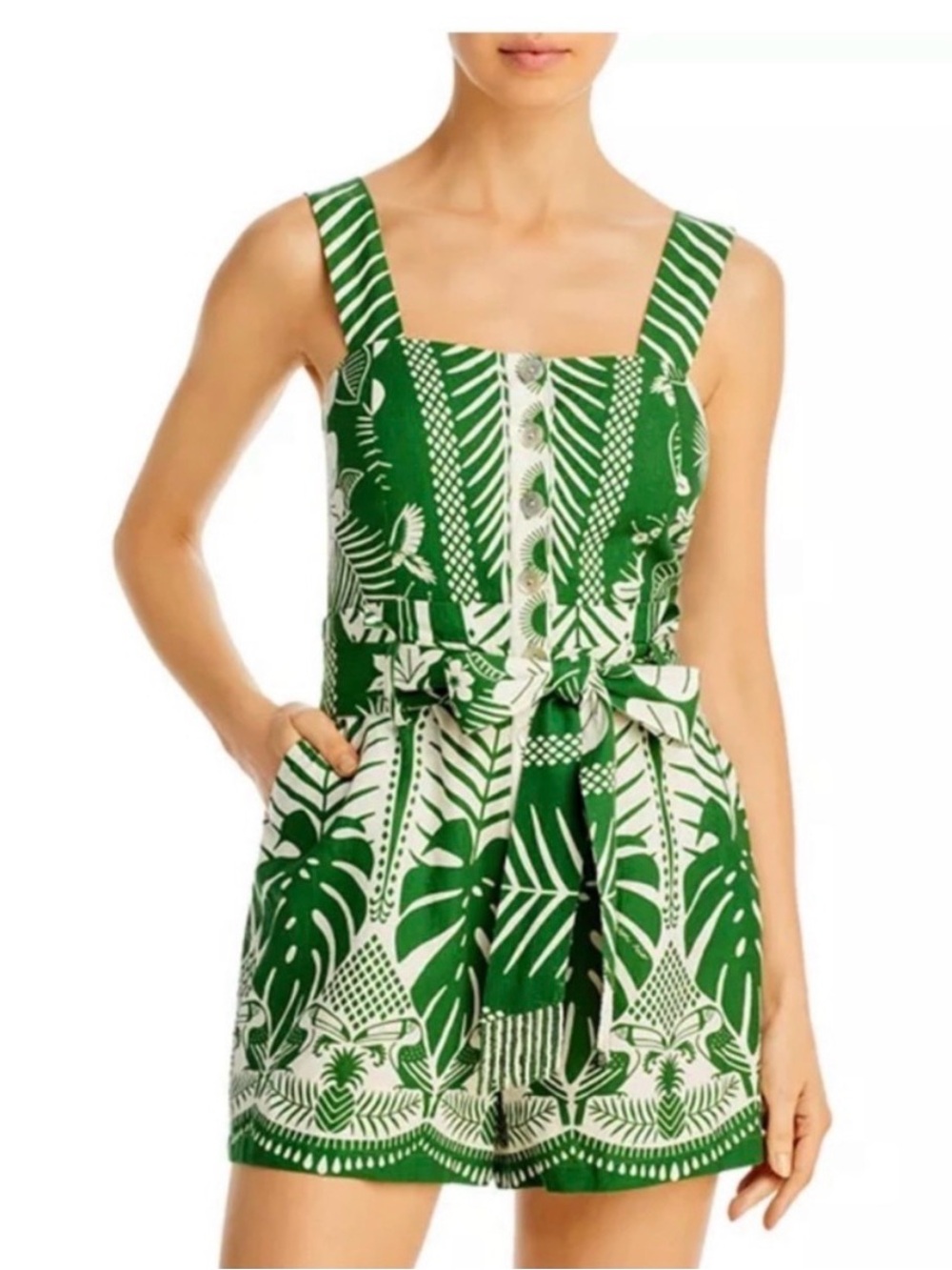 FARM Rio Green & White Tropical Print Sleeveless Romper